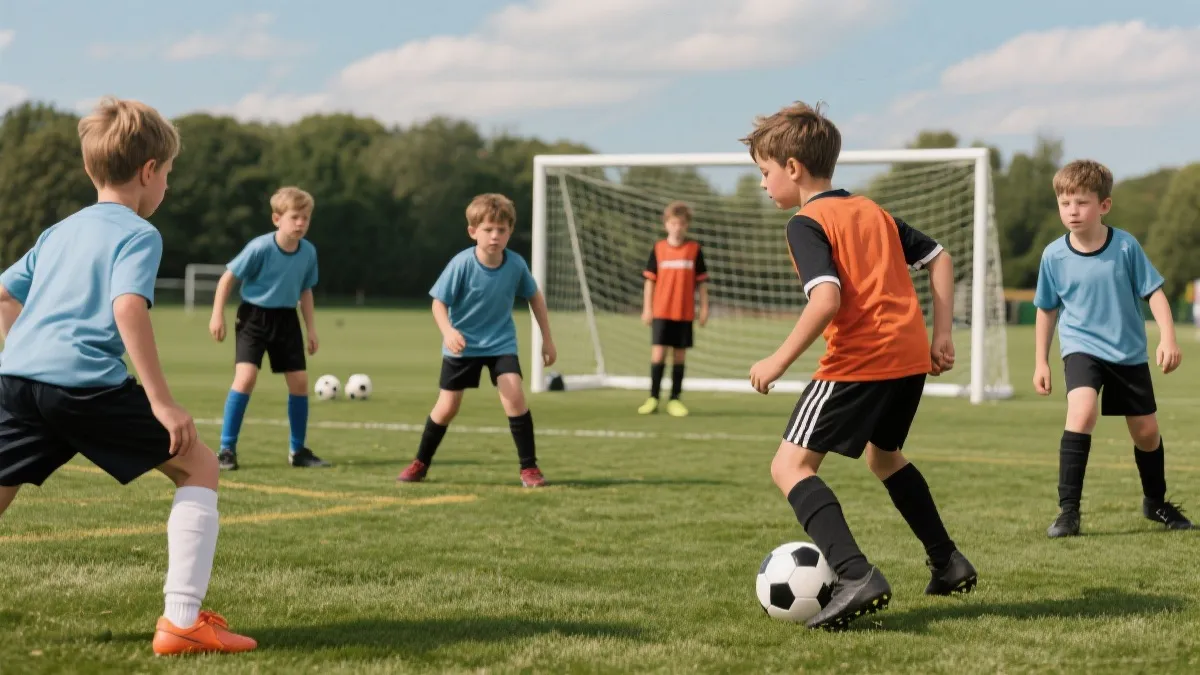 青训训练场上的小范围对抗与传接球练习，强调扫描与决策