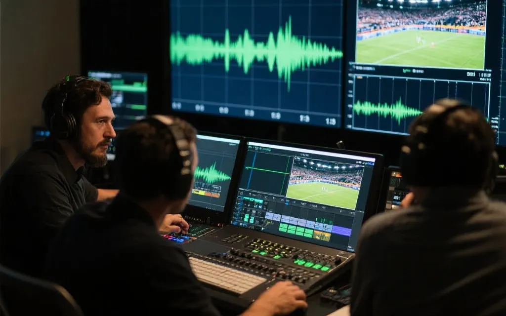 编辑台屏幕上正在剪辑体育高光时刻，旁边有时间轴与波形，纪实风格