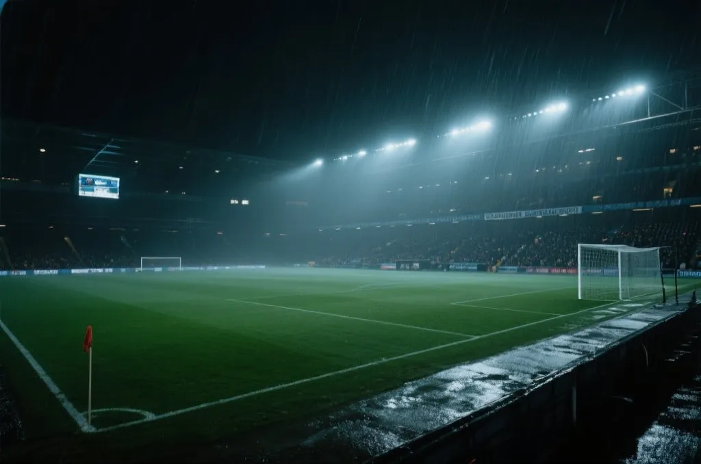 夜晚球场在细雨中灯光明亮，草皮湿润，球迷专注观赛的氛围